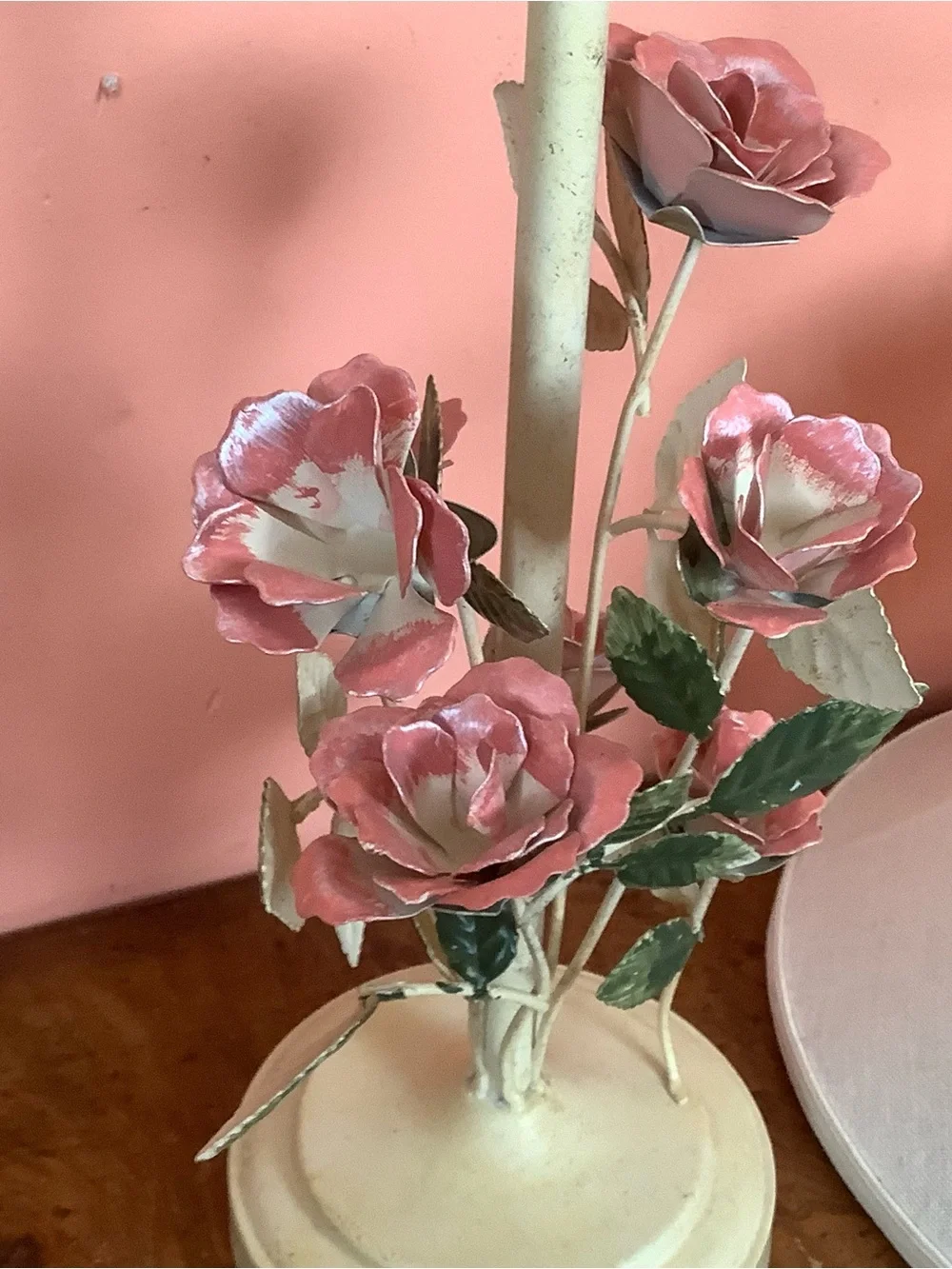 Vintage 2YK Cottage-Style Lamp 20” Metal Pink Roses With Fabric  Bell Shade